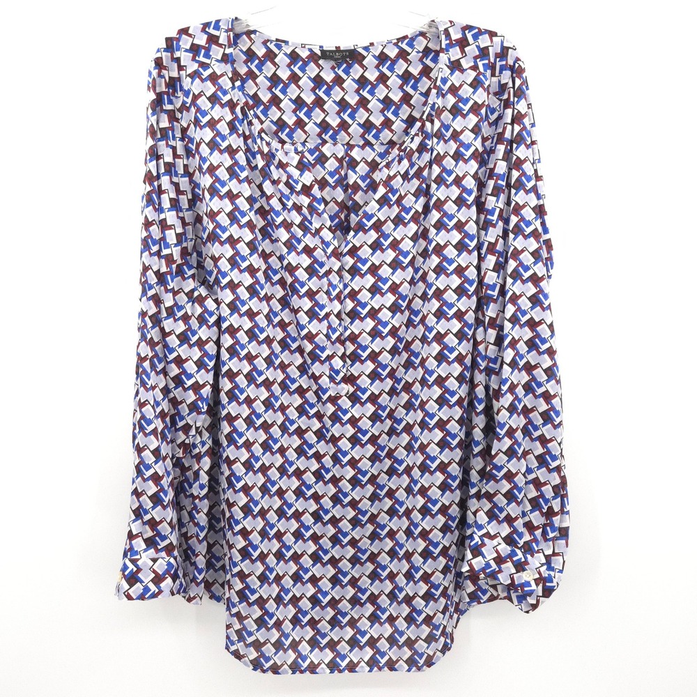 Talbots Blouse Women 3X Blue Geometric V-Neck Long Sleeve Button Cuff Top